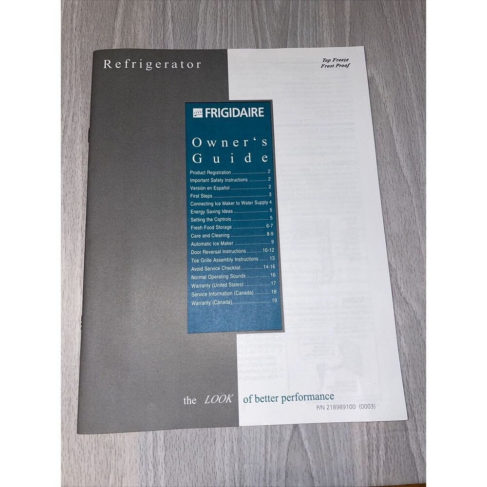 2000 Owners Manual Frigidaire Refrigerator Model FRT18TJHWO Install Guide Decal
